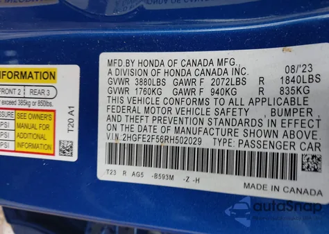 2024 Honda Civic Sport from USA, damaged, VIN 2HGFE2F56RH502029